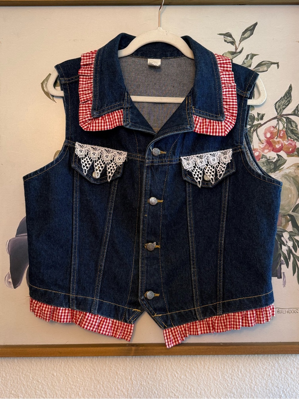 90s VTG Women’s 100% Cotton Denim Vest with Red Gingham and Lace Trim